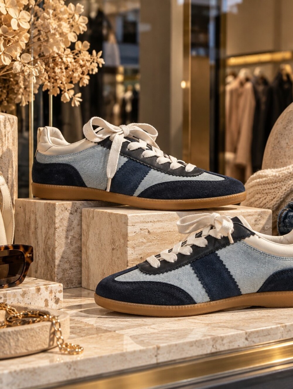 Boden Denim Women's Lace-Up Sneakers in Navy and Light Blue